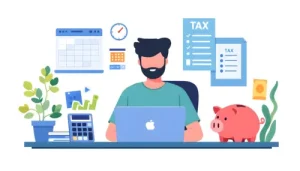 illustration of a freelancer sitting at a desk, surrounded by financial documents, a laptop displaying tax software, a calculator, and a piggy bank symbolizing tax savings. A calendar with marked tax deadlines is visible, emphasizing financial planning.