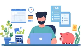 illustration of a freelancer sitting at a desk, surrounded by financial documents, a laptop displaying tax software, a calculator, and a piggy bank symbolizing tax savings. A calendar with marked tax deadlines is visible, emphasizing financial planning.