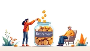 a young person adding coins to a growing savings jar labeled "Retirement," while an older person relaxes in a chair, symbolizing the benefits of early retirement planning. The image represents financial growth and security over time,