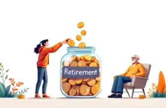a young person adding coins to a growing savings jar labeled "Retirement," while an older person relaxes in a chair, symbolizing the benefits of early retirement planning. The image represents financial growth and security over time,